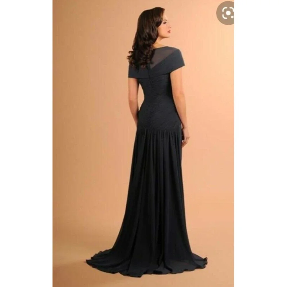 Navy Blue Short-Sleeve Bridal Gown with Embellished Waist - Picture 2 of 9